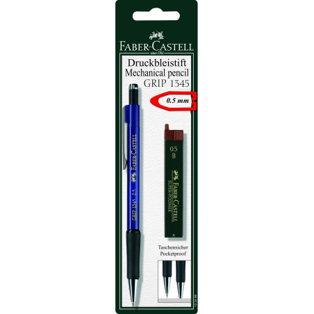 FABER-CASTELL 133496 - Porte-mine GRIP avec 12 mines, dureté: B, épaisseur de mine: 0,5 mm, pas de choix de couleur possible