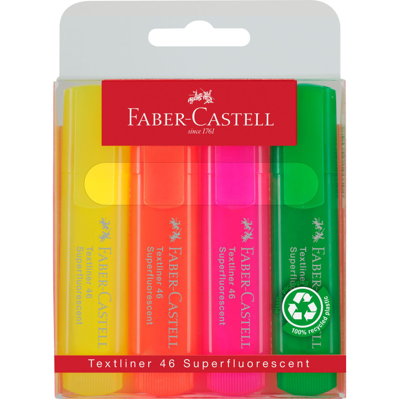 Faber-Castell 154604 - Set de surligneurs TL 1546, étui de 4 pièces, couleurs néon, pointe biseautée longue durée, largeur de tr Faber-Castell 154604 - Set de surligneurs TL 1546, étui de 4 pièces, couleurs néon, pointe biseautée longue durée, largeur de tr