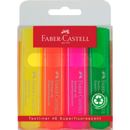 Faber-Castell 154604 - Set de surligneurs TL 1546, étui de 4 pièces, couleurs néon, pointe biseautée longue durée, largeur de tr
