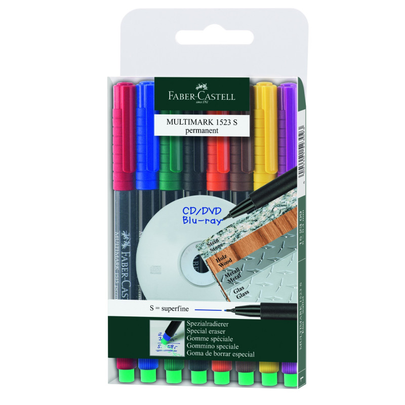 FABER-CASTELL 152309 - Marqueurs permanents MULTIMARK, épaisseur: S, étui de 8 FABER-CASTELL 152309 - Marqueurs permanents MULTIMARK, épaisseur: S, étui de 8