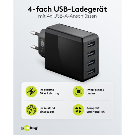 goobay 44953 Chargeur USB 4 Ports 30 W pour recharger simultanément jusqu'à 4 appareils Noir