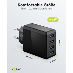 goobay 44953 Chargeur USB 4 Ports 30 W pour recharger simultanément jusqu'à 4 appareils Noir