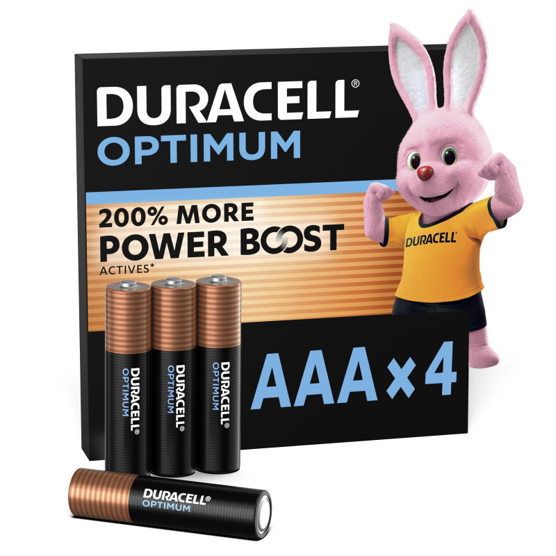 DURACELL Optimum Piles AAA (Lot de 4) – Piles Alcalines 1,5V – +200 % d’actifs Power Boost – Répondent aux exigences des apparei DURACELL Optimum Piles AAA (Lot de 4) – Piles Alcalines 1,5V – +200 % d’actifs Power Boost – Répondent aux exigences des apparei