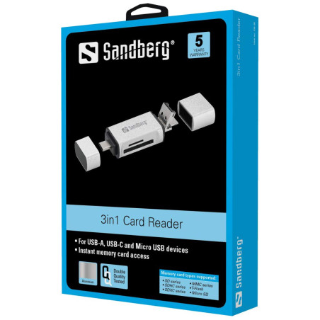 Sandberg Card Reader USB-C+USB+MicroUSB lecteur de carte mémoire Argent - Lecteurs de carte mémoire (MicroSD (TransFlash),SD, Ar