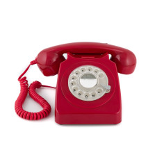 GPO 746 Téléphone fixe rétro de style années 1970 à cadran rotatif - Cordon extansible, sonnerie authentique - Rouge