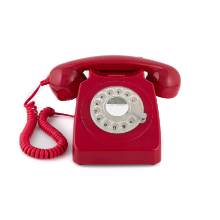 GPO 746 Téléphone fixe rétro de style années 1970 à cadran rotatif - Cordon extansible, sonnerie authentique - Rouge
