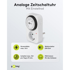 Goobay 51276 Minuterie/prise programmable pour prise de courant avec fiche à contact de protection - silencieuse minuteur prise