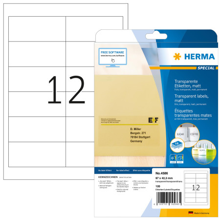HERMA 4586 Rectangle aux angles arrondis Permanent Transparent 120pièce
