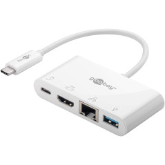 Goobay 62105 Adaptateur USB-C Multiport HDMI+Ethernet, Alimentation Électrique, Blanc