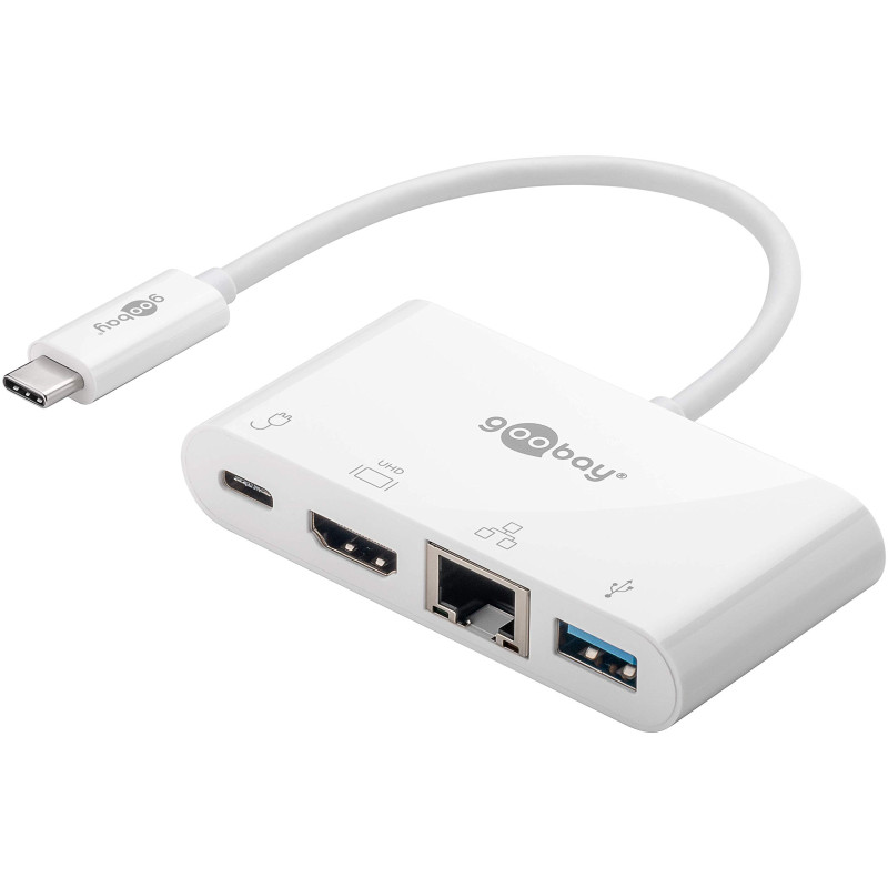 Goobay 62105 Adaptateur USB-C Multiport HDMI+Ethernet, Alimentation Électrique, Blanc