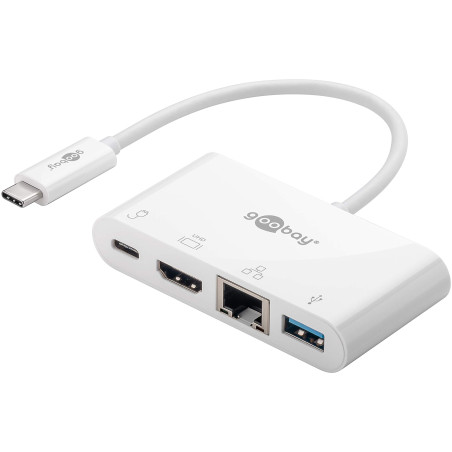 Goobay 62105 Adaptateur USB-C Multiport HDMI+Ethernet, Alimentation Électrique, Blanc