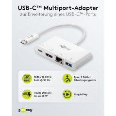 Goobay 62105 Adaptateur USB-C Multiport HDMI+Ethernet, Alimentation Électrique, Blanc