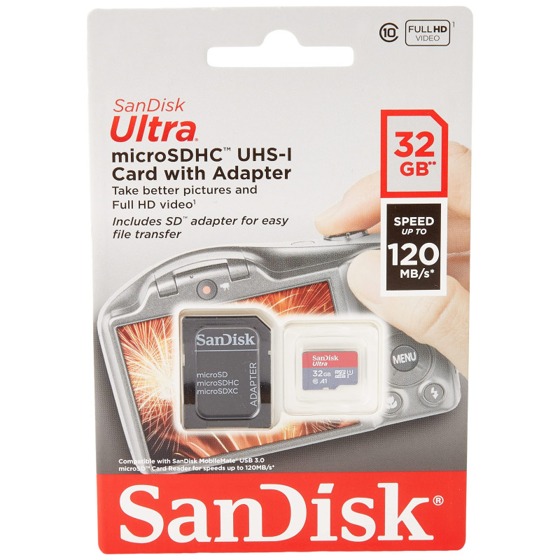 SanDisk Ultra 32GB microSDHC Memory Card + SD Adapter with A1 App Performance Up to 120MB/s, Class 10, UHS-I SanDisk Ultra 32GB microSDHC Memory Card + SD Adapter with A1 App Performance Up to 120MB/s, Class 10, UHS-I