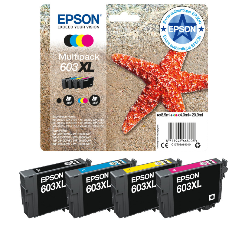 Epson Multipack 603XL Etoile de Mer, Cartouches d'encre d'origine XL Haute capacité, 4 couleurs : Noir, Cyan, Magenta, Jaune, XP
