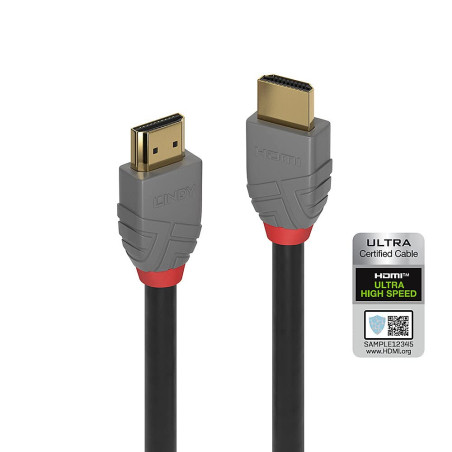 LINDY - Câble HDMI 2.1 Anthra Line 1 Mètre avec Ethernet, High Speed 4k@60Hz HDMI 2.1 10k@120Hz 3D 1080p HDCP 2.3 144Hz HDR, ARC