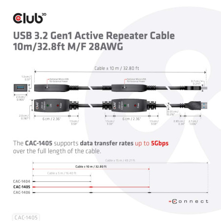 Club 3D Câble d'extension USB 3.2 Gen1 actif 10 mètres M/B 28 AWG
