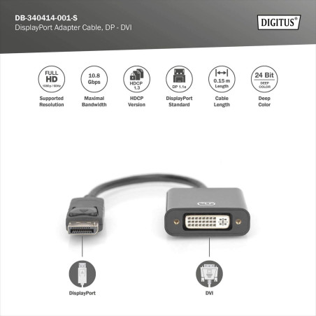 DIGITUS câble Adaptateur DisplayPort Actif - DP vers DVI (24+5) - Displayport 1.1a - Full HD 1080/60Hz - 0,15m - Noir