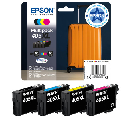 Epson Multipack 405XL Valise, Cartouches d'encre d'origine XL Haute capacité, 4 couleurs: Noir, Cyan, Magenta, Jaune, WF-3820DWF