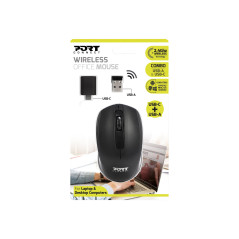 Port Connect Souris sans Fil 2.4 ghz USB-a & USB-c ambidextre Optique 1000 dpi Noire