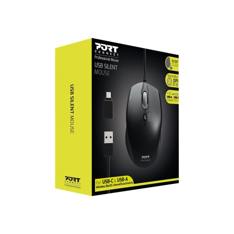 Port Connect Souris Filaire USB-A/USB-C silencieuse Noir