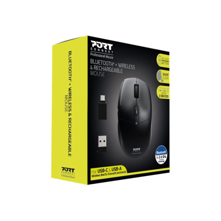 Port Connect Souris sans Fil 2.4 ghz - Bluetooth USB-a & USB-c Professionnel Rechargeable - ambidextre - 5 Boutons Silencieux No