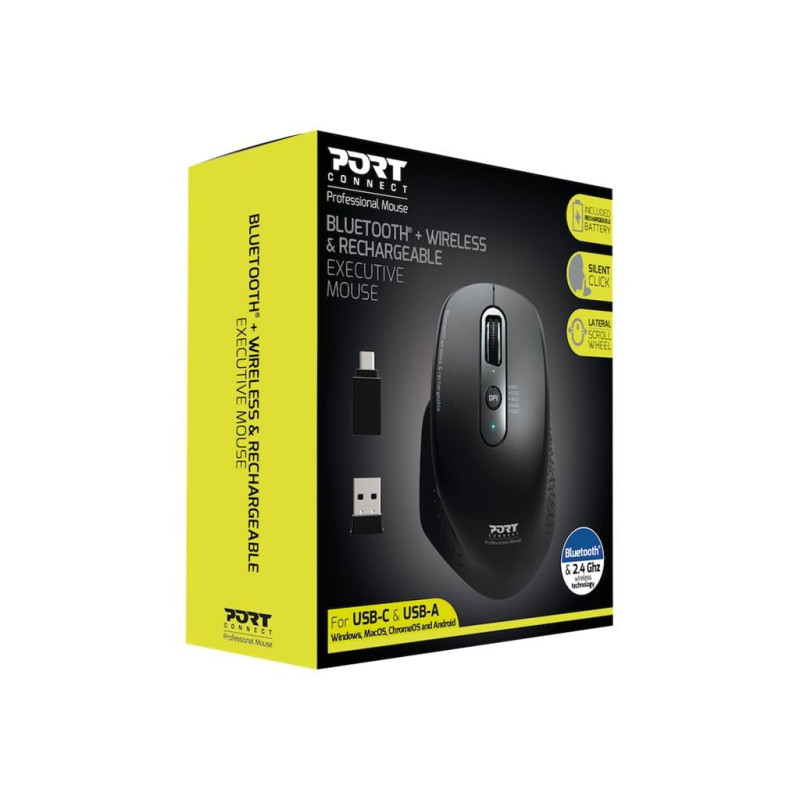 Port Connect Souris sans Fil 2.4 ghz - Bluetooth USB-a & USB-c Executive Rechargeable - ambidextre - 5 Boutons Silencieux dpi Aj