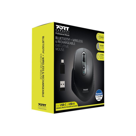 Port Connect Souris sans Fil 2.4 ghz - Bluetooth USB-a & USB-c Executive Rechargeable - ambidextre - 5 Boutons Silencieux dpi Aj