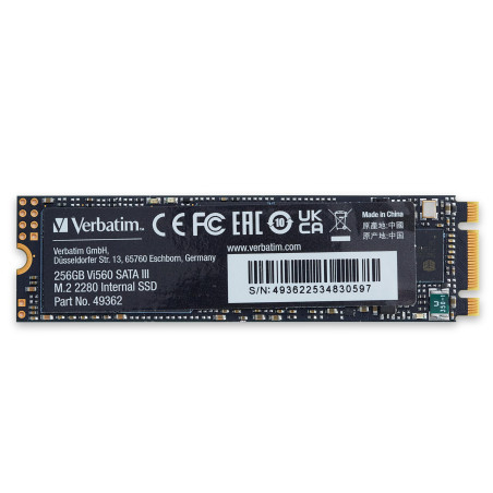 Verbatim SSD Interne Vi560 S3 256Go, Disque SSD Interne 2,5" SATA III M.2 2280 avec Technologie 3D NAND, Jusqu’à 550 Mo/s en Lec