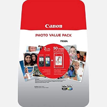 Canon PG-560 XL CL-561 XL Value Pack de 2 Cartouches (Noir XL Couleur XL) +50 Feuilles Papier Photo 10x15cm Certifié (Plastique
