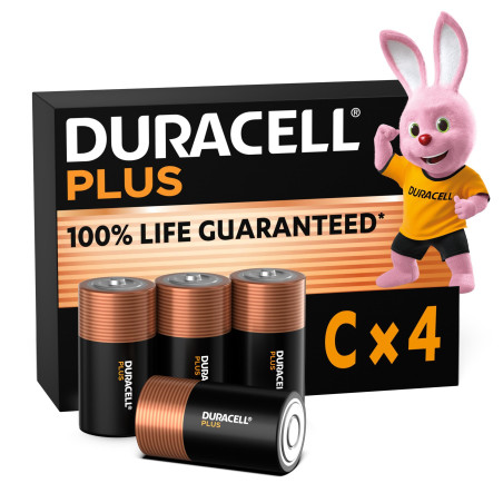 Duracell Plus Piles C (lot de 4) - Alcalines 1,5V - Durée de vie garantie à 100% - Idéales pour les appareils du quotidien - Emb