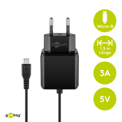 goobay Chargeur Mural Micro USB 3,0 A USB Alimentation pour Smartphones Adaptateur Secteur 1,5 m Noir 49603