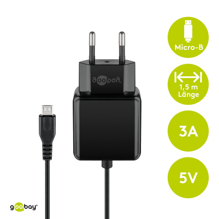 goobay Chargeur Mural Micro USB 3,0 A USB Alimentation pour Smartphones Adaptateur Secteur 1,5 m Noir 49603