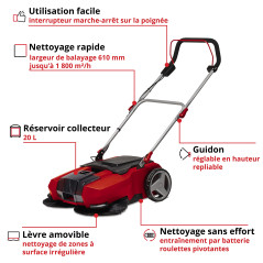 Einhell Balayeuse sans fil TE-SW 18/610 Li-Solo Power X-Change (18V, collecteur de débris de 20 litres, position de stationnemen