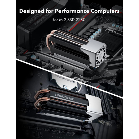GRAUGEAR | Refroidisseur de caloduc avec ventilateur | Corps de refroidissement pour M.2 NVMe (2280) | actif | Ventilateur PWM 2