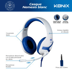 Konix FFF Casque Gaming Filaire Nemesis pour PS4, PS5, Switch et Xbox - Microphone 45° - Câble 1,5 m - Prise Jack 3,5 mm - Blanc