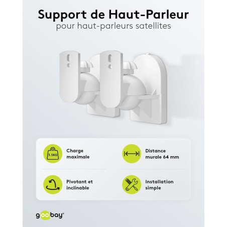 goobay Fixation Murale Enceinte Universelle Jusqu'à 3,5 kg Lot de 2 Inclinable & Orientable Acier Blanc - Basic - 49394
