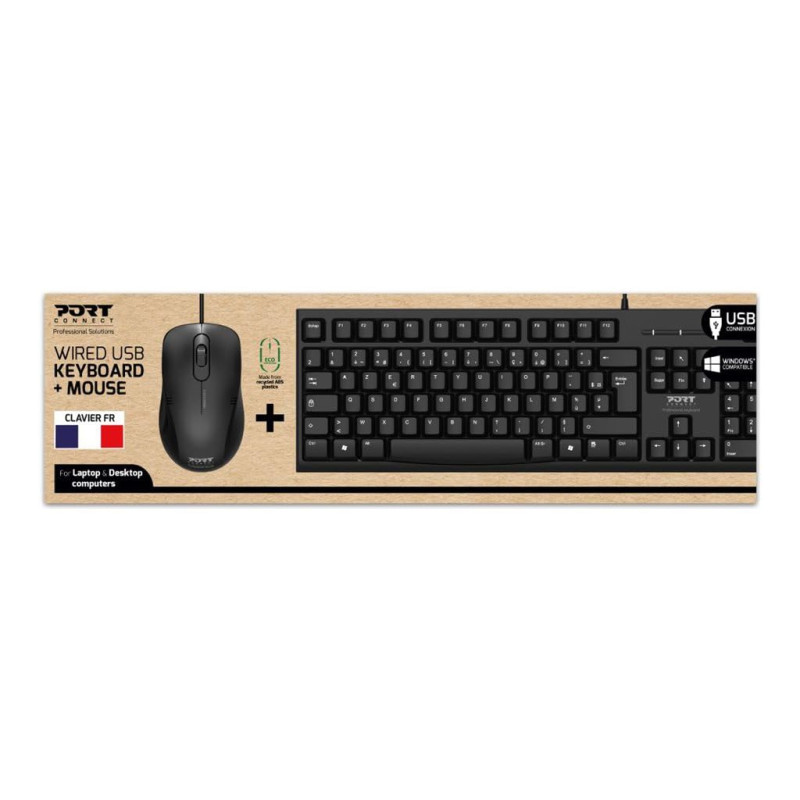 PORT CONNECT Pack Clavier avec Souris USB Filaire 1000 DPI Ambidextre USB-A Noir