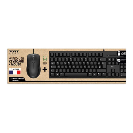 PORT CONNECT Pack Clavier avec Souris USB Filaire 1000 DPI Ambidextre USB-A Noir