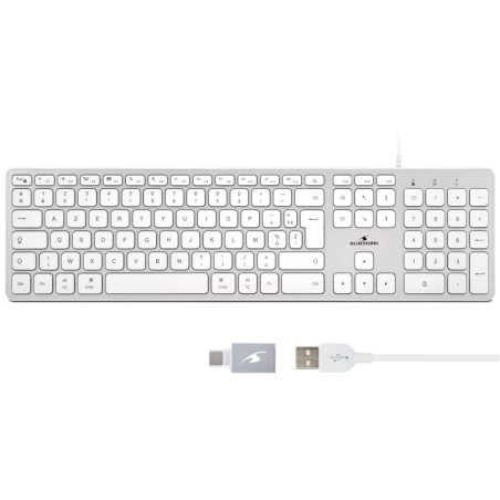 Bluestork Clavier Français AZERTY Filaire pour Mac - Touches Concaves et Silencieuses, 13 Raccourcis Multimédia, Adaptateur USB/