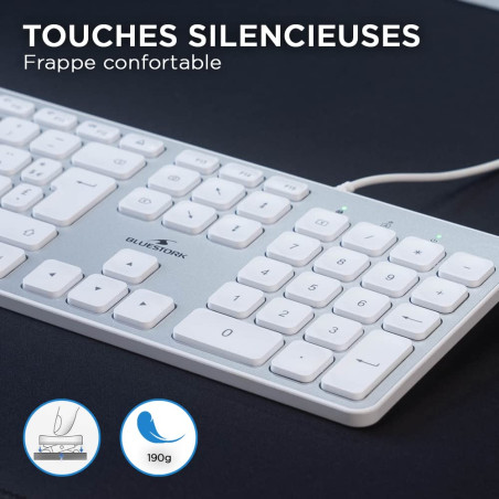 Bluestork Clavier Français AZERTY Filaire pour Mac - Touches Concaves et Silencieuses, 13 Raccourcis Multimédia, Adaptateur USB/