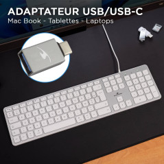 Bluestork Clavier Français AZERTY Filaire pour Mac - Touches Concaves et Silencieuses, 13 Raccourcis Multimédia, Adaptateur USB/