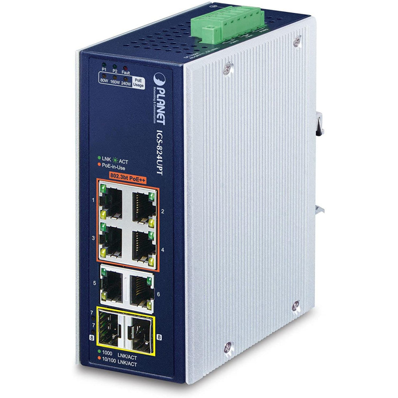 Planet IP30 Industrial Commutateur Ethernet Gigabit 4 Ports 10/100/1000T 802.3bt PoE + 2 Ports 10/100/1000T + 2 Ports 100/1000X Planet IP30 Industrial Commutateur Ethernet Gigabit 4 Ports 10/100/1000T 802.3bt PoE + 2 Ports 10/100/1000T + 2 Ports 100/1000X