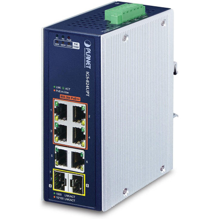 Planet IP30 Industrial Commutateur Ethernet Gigabit 4 Ports 10/100/1000T 802.3bt PoE + 2 Ports 10/100/1000T + 2 Ports 100/1000X 