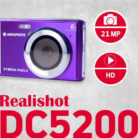 AgfaPhoto Realishot DC5200 - Appareil Photo Compact, 21MP, Ecran LCD 2,4", Zoom Digital 8X, Vidéo HD 720p, Batterie Lithium, Car