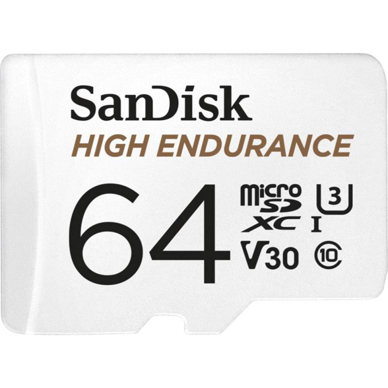 SanDisk HIGH ENDURANCE Video Monitoring for Dashcams & Home Monitoring 64 GB microSDXC Memory Card + SD Adaptor, Up to 100 MB/s SanDisk HIGH ENDURANCE Video Monitoring for Dashcams & Home Monitoring 64 GB microSDXC Memory Card + SD Adaptor, Up to 100 MB/s
