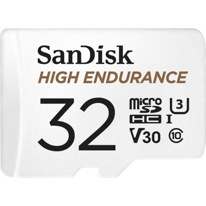 SanDisk HIGH ENDURANCE Video Monitoring for Dashcams & Home Monitoring 32 GB microSDHC Memory Card + SD Adaptor, Up to 100 MB/s SanDisk HIGH ENDURANCE Video Monitoring for Dashcams & Home Monitoring 32 GB microSDHC Memory Card + SD Adaptor, Up to 100 MB/s