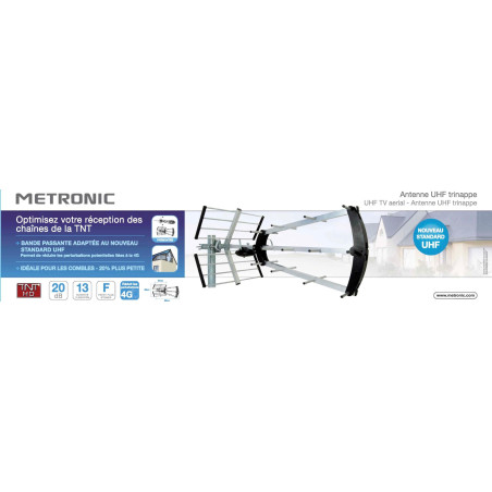 Metronic 415047 Antenne d'extérieur Trinappe 20 db - filtre 4G - UHF - Fiche F compacte et dépliable