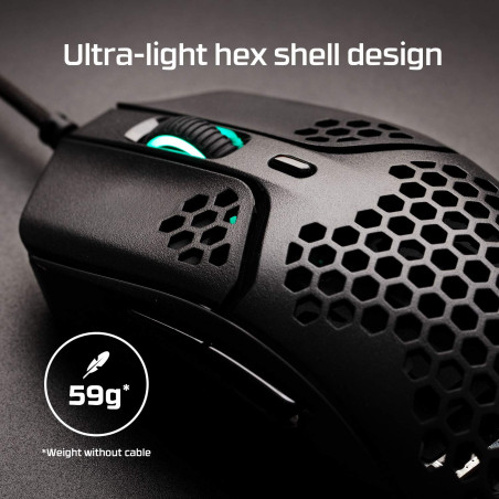 HyperX Pulsefire Haste – Souris de jeu – Ultralégère, 59 g, Coque en nid d'abeille, Design Hex, Cordon HyperFlex, jusqu'à 16 000
