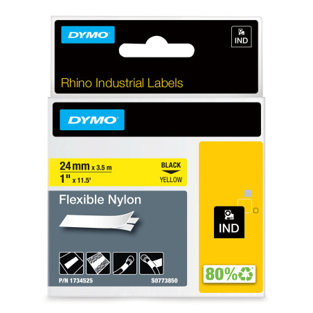 Dymo Rhino Etiquettes Industrielles Nylon Flexible 24mm x 3,5m - Noir sur Jaune