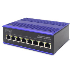 DIGITUS Commutateur réseau PoE – Gigabit Ethernet 8 ports – montage sur rail DIN – bornier – sans ventilateur – noir/bleu